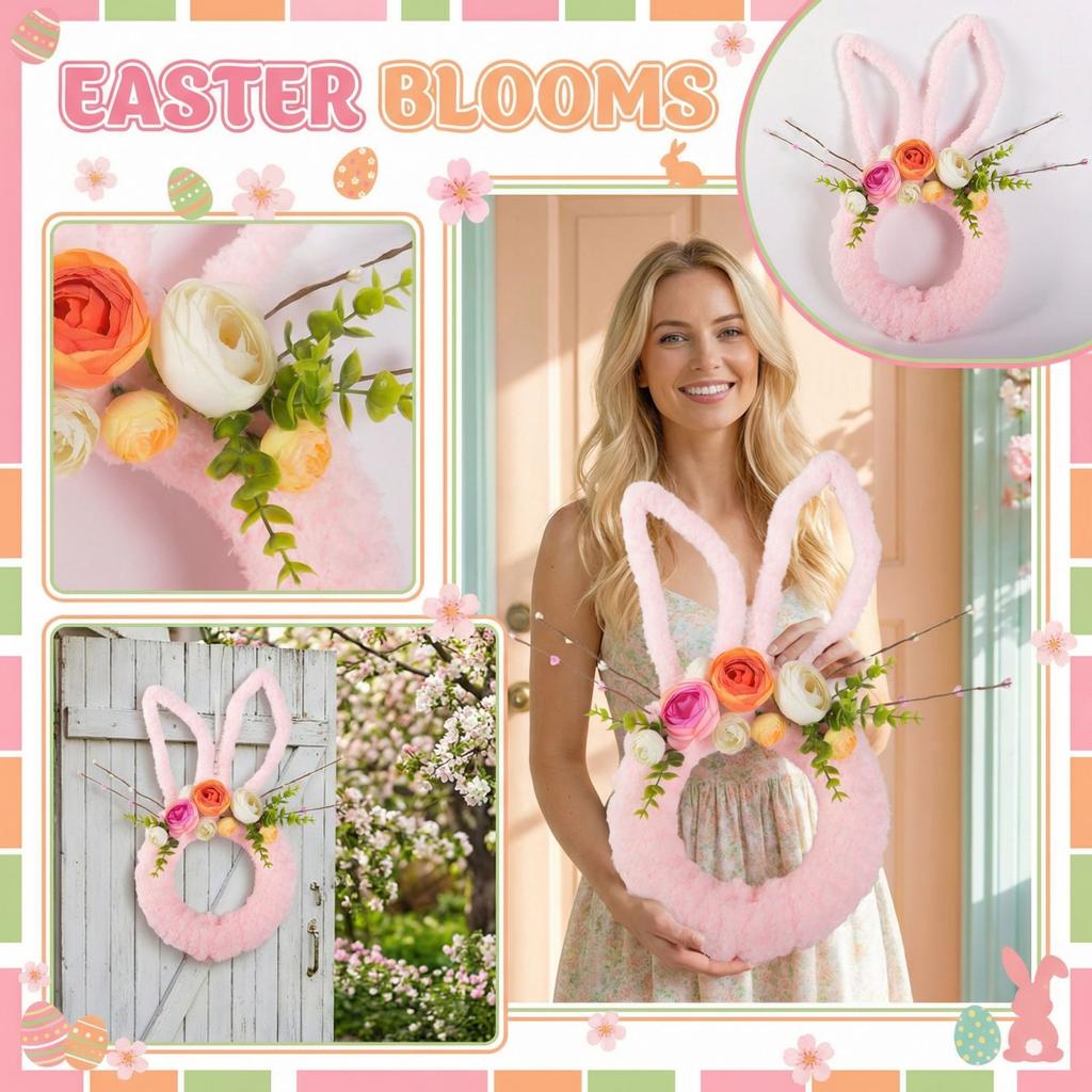 Spring Easter Wreath, Artificial Flower Bunny Head Shaped Wreath, Home Decoration, Front Door Wall Decoration