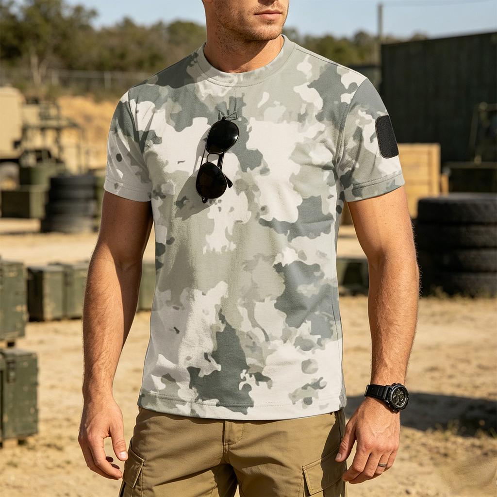 Men's Tactical Outdoor Quick Dry T Shirt Loose Fit Breathable Crew Neck Camouflage Print with Hook and Loop Patch Area for Sleeve
