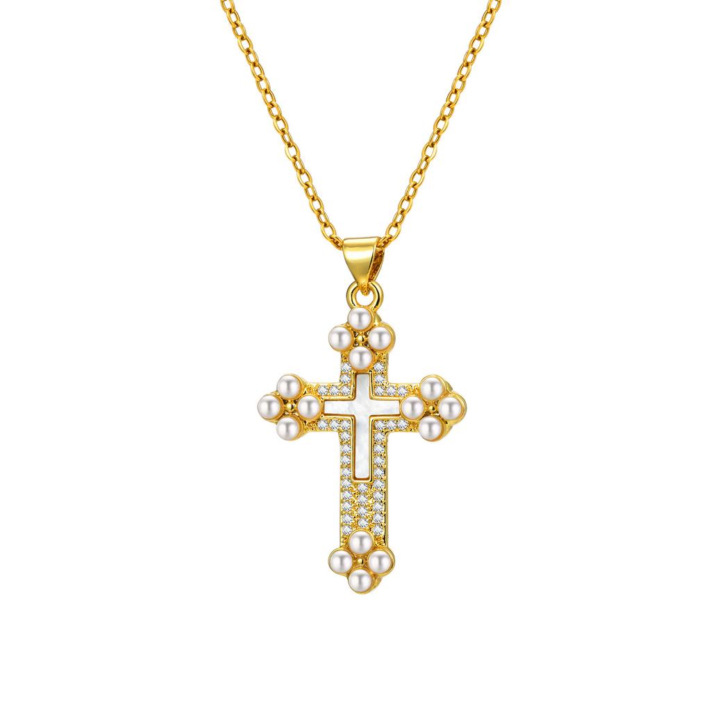 Copper Zircon White Shell Cross Four-Leaf Clover Round Card Wind Pendant Necklace Gold Pnb-351