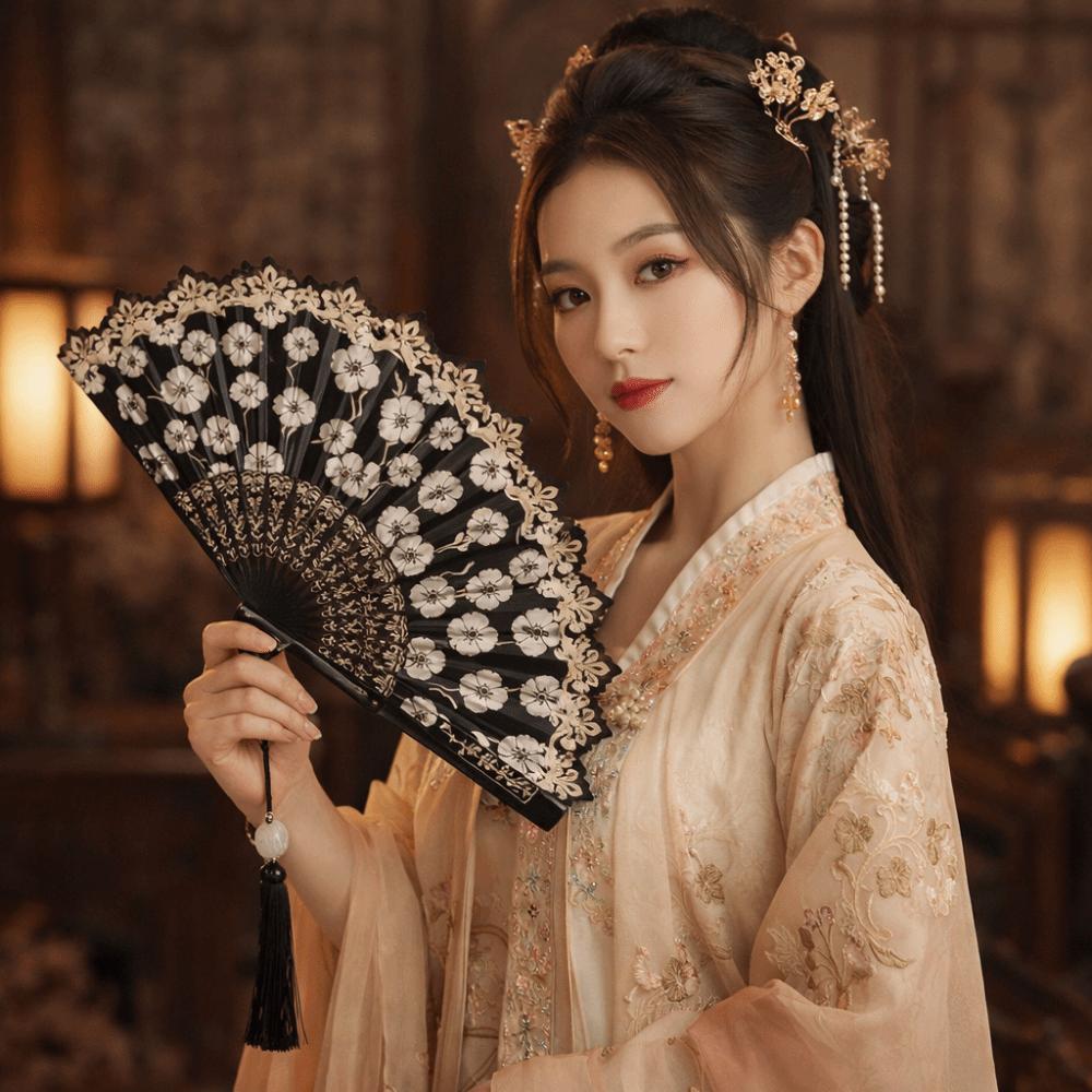 Hanfu Fan Flower Pattern Chinese Folding Fan Traditional Vintage Handheld Fan with Tassel Portable Decorative Fan Cultural Event