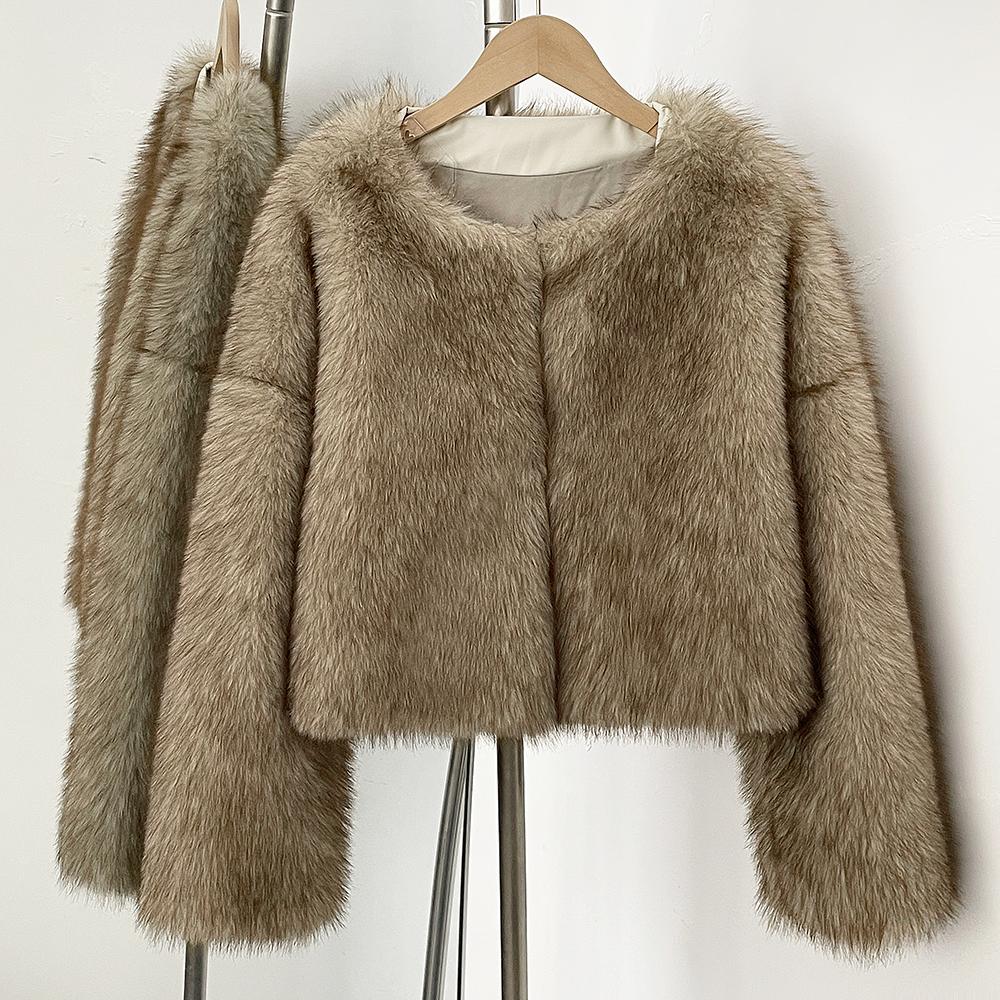 

OFTBUY 2025 Winter Women Coat Faux Fox Fur Short Jacket Puff Artificial Fox Fur Casual Top Outwears Round Collar Solid Streetwears S коричневий