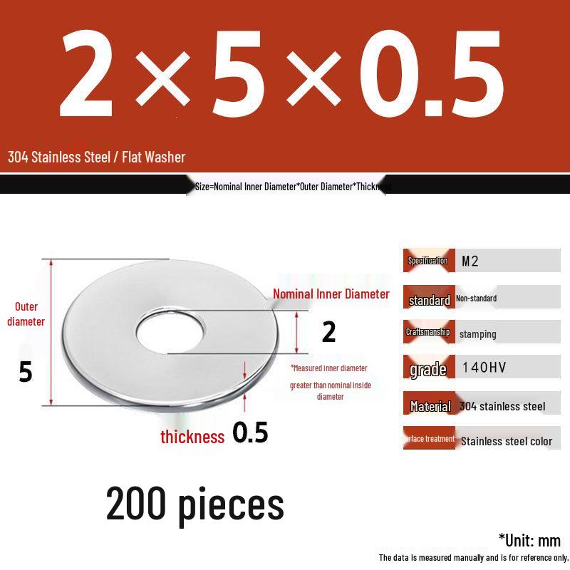 304 Stainless Steel Thickened Flat Washer Set, Sizes 2-36