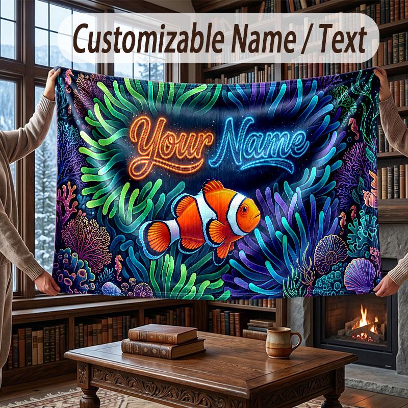 Octopus Sea Life Theme Throw Blanket Custom Name Text Personalized Blanket Soft Cozy Blanket for Home Sofa Bed