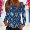 Women Plus Size Asymmetric Cutout Neck Cold Shoulder Long Sleeve Blue Printed Fitted Top