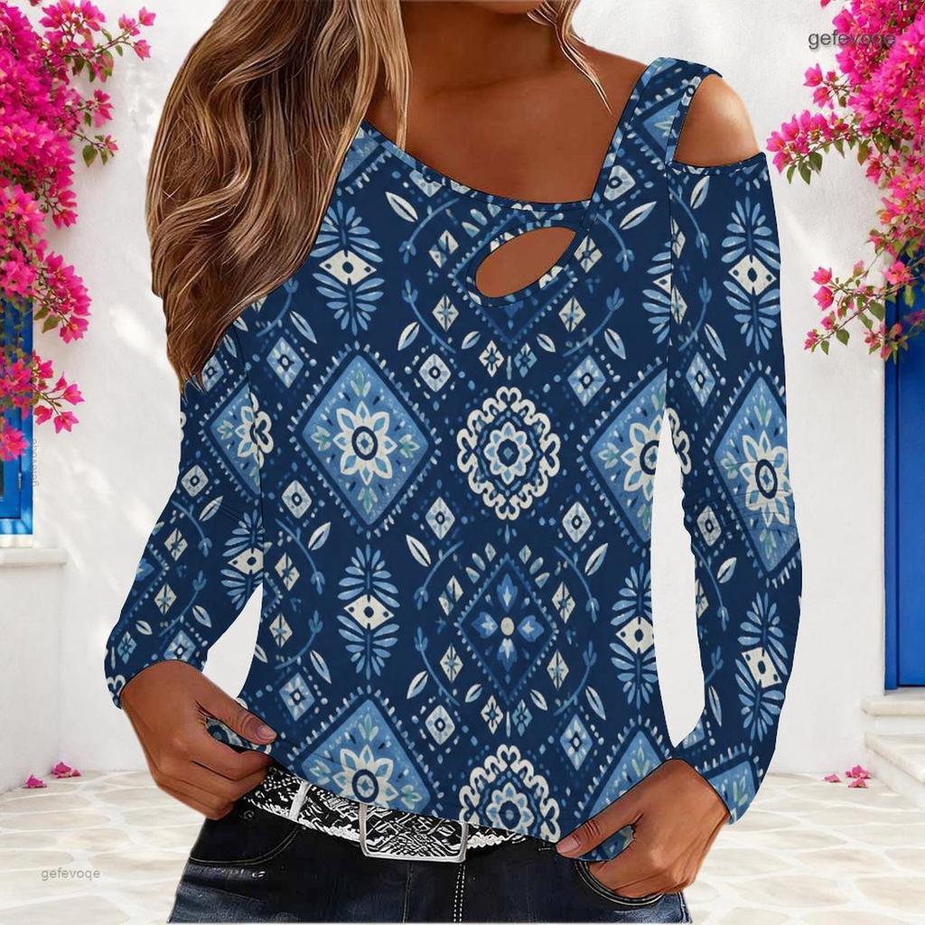 Women Plus Size Asymmetric Cutout Neck Cold Shoulder Long Sleeve Blue Printed Fitted Top