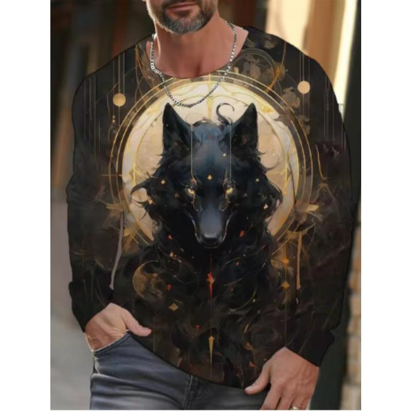 Round Neck 3D Animal Wolf Pattern Printed Top Fashionable Casual Long Sleeved Men's T-shirts