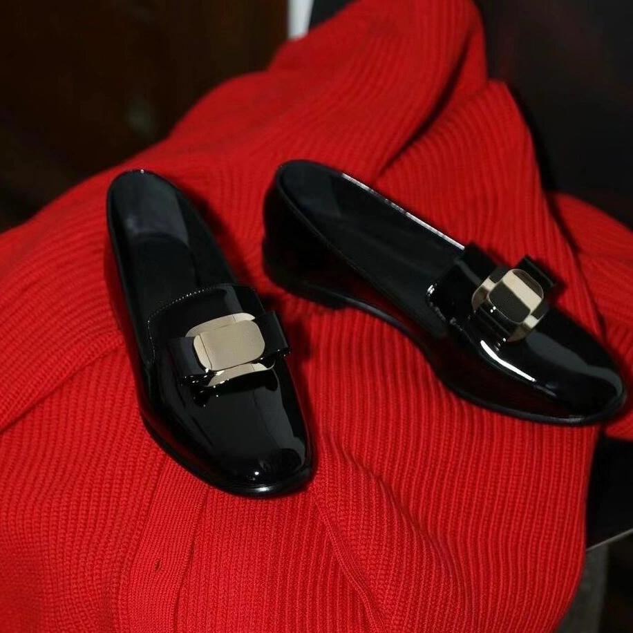 Leren versie~ Britse metalen strik Mary Jane schoenen dames platte zool ondiepe mond enkele schoenen één pedaal luie loafers