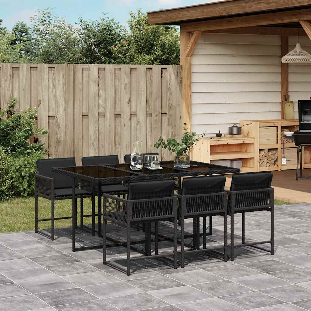 7 Piece Outdoor Dining Set with Cushions Black Poly Rattan