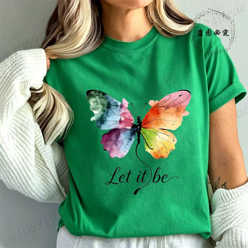 High Street T-Shirt Let It Be Rainbow Butterfly Print Shirt Fashion T-shirt Watercolor Butterfly Women Tee Summer Brand Tops