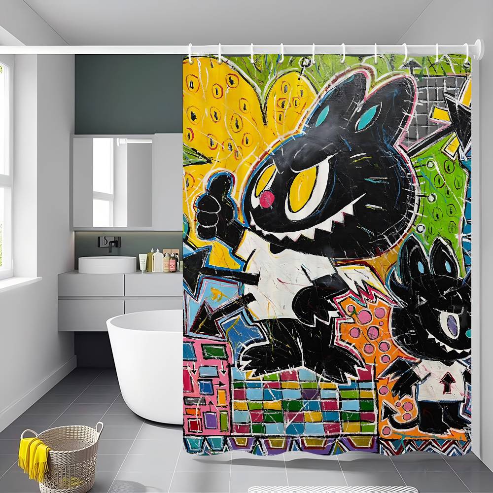 Cute L-labubu Cartoon Shower Curtain Bath Curtain Print Polyester Fabric Waterproof Bathroom Curtains With Hooks Bath Screen