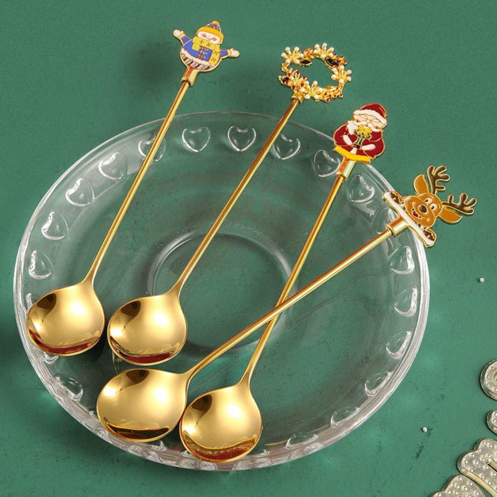 4PCS Set Christmas Stirring Spoon Plated Design Kitchen Utensil Gift  Kitchen Supplies