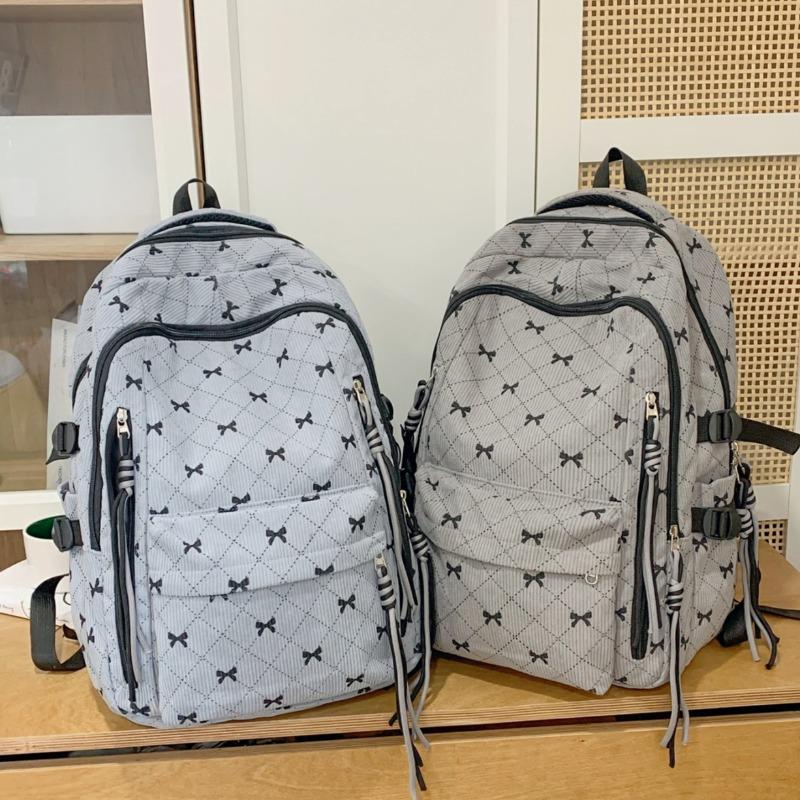 Bow Print Corduroy Backpack Casual Fashion Daily Bag Large Capacity School Bag for Students Minimalist Design Commute Travel with Tassel Accents