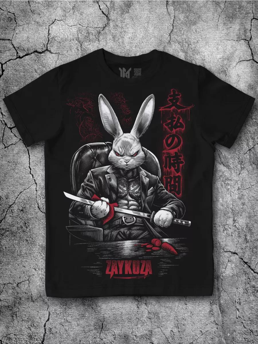 Men s Black T-shirt with a cool Yakuza Bunny Print 3XL