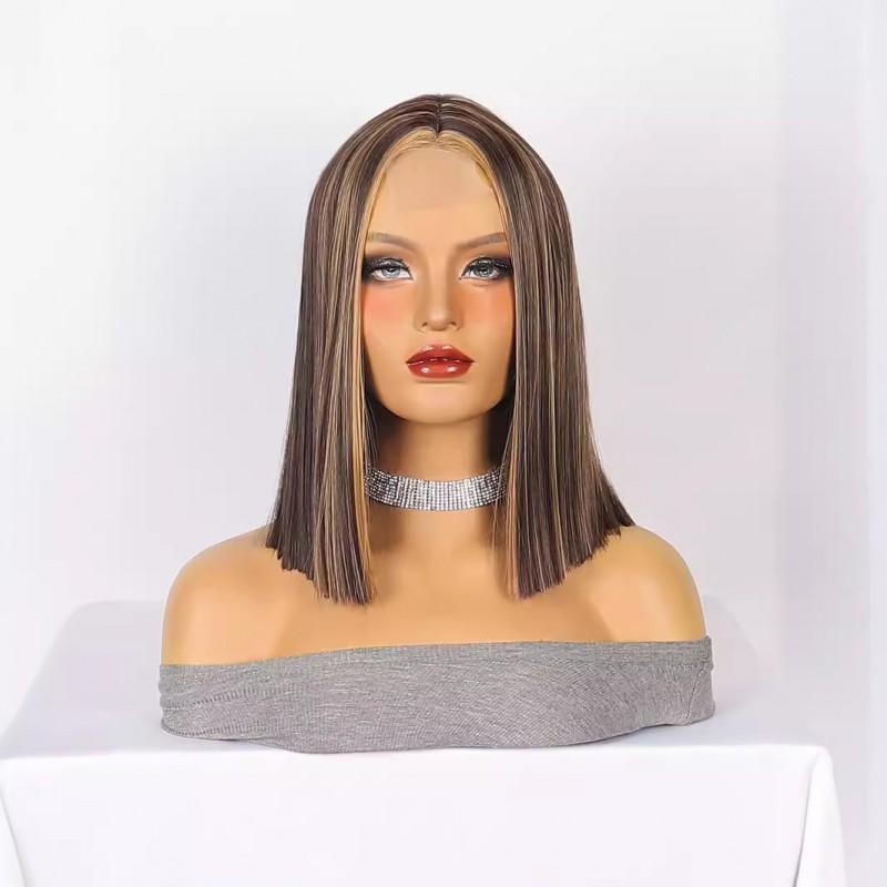 Brown Highlight Short Straight Lace Front Wig Women Synthetic Heat Resistant Glueless