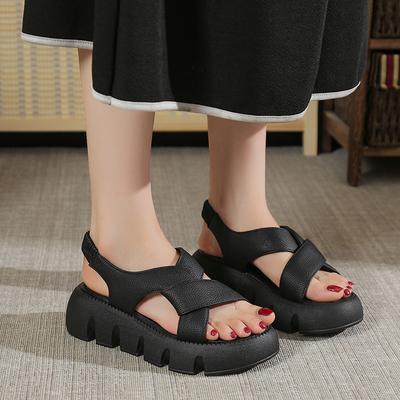 Leather High Fashion Summer Non-slip Thick Bottom Platform Solid Peep Toe Buckle Straps Casual Women Sandals