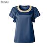 Women Pearl Splice Round Neck Casual Short Sleeve Satin Blouse