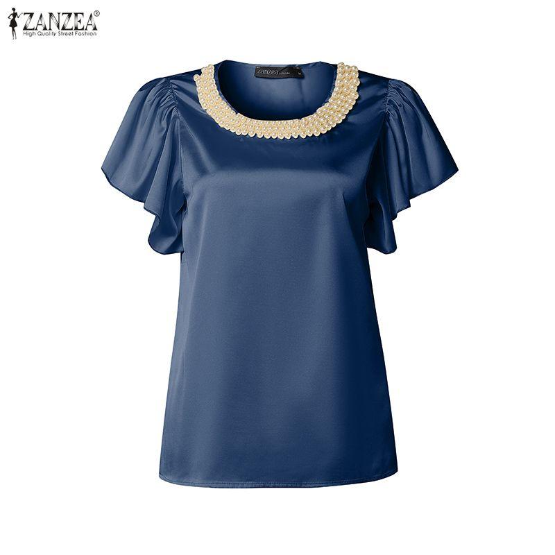 ZANZEA Women Pearl Splice Round Neck Casual Short Sleeve Satin Blouse