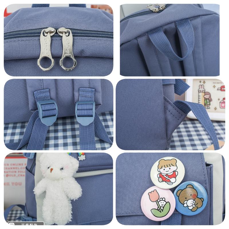 Korean Version Women's Canvas Backpack Large Capacity 4 PCS Set Middle School Rucksack Simple Wear-resistant Schoolbags with Pen Bag