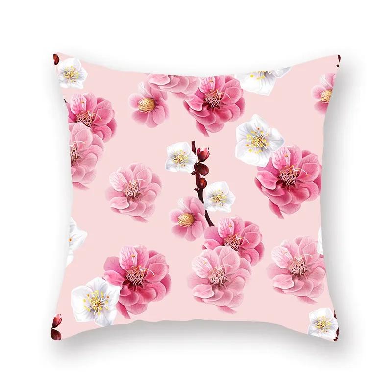 Pink plant series printed pattern cushion cover for home living room sofa car decoration square polyester pillowcase