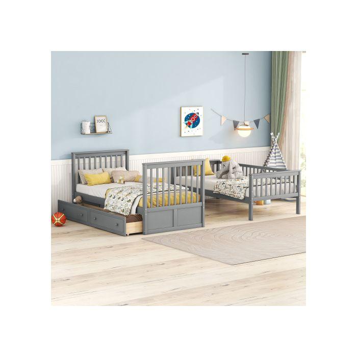 Lits Superposés - MUVOE - 90x200cm - Gris - Avec Tiroirs - Transformable En Lits De Jour