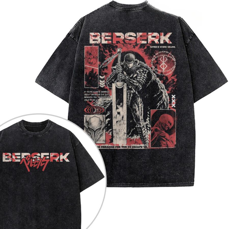 Hot Anime Berserk Guts Print T-shirt Men Women Short Sleeve Clothing Cotton Tshirt Retro Washed T Shirt Harajuku Male Manga Tops
