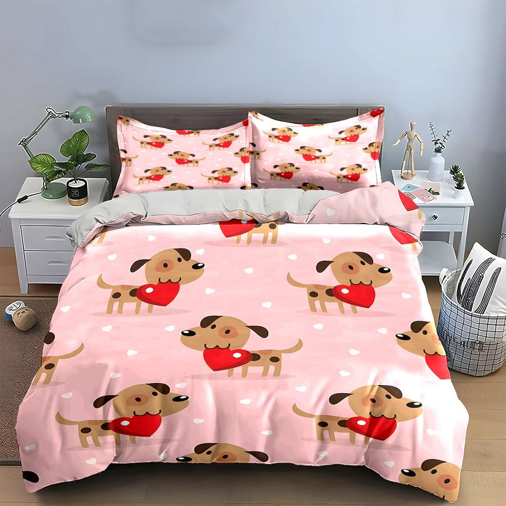 Cartoon Dog Valentine'S Set Multiple Sizes Kid'S And Adults' Bedroom Exquisite 3Pc Bedding Set, Gift