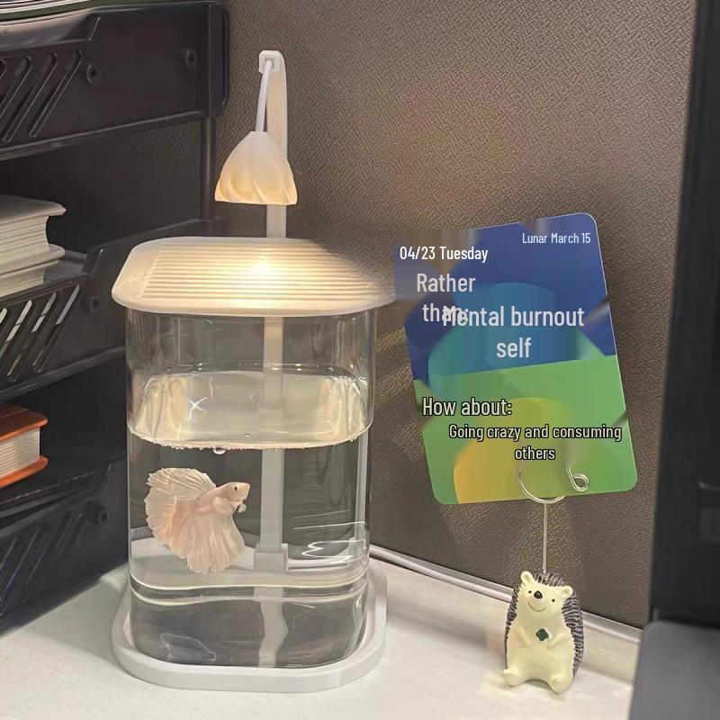 Creative Mini Betta Fish Glass Tank with Light for Desktop Decor, High-End Viewing, and Easy Maintenance.