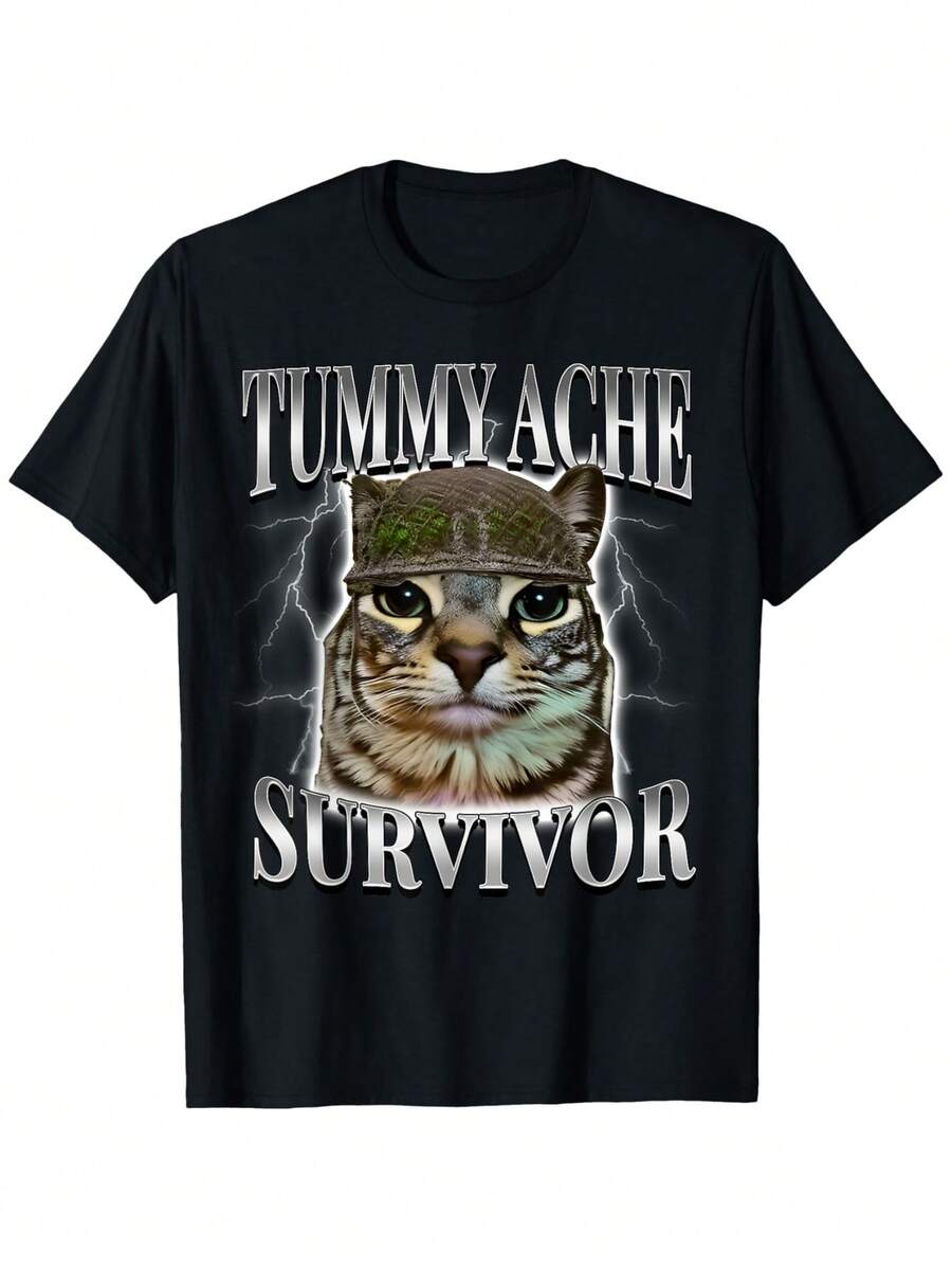 Funny Cat Meme T-Shirt For Unisex –  Tummy Ache Survivor  Sarcasm Humor S