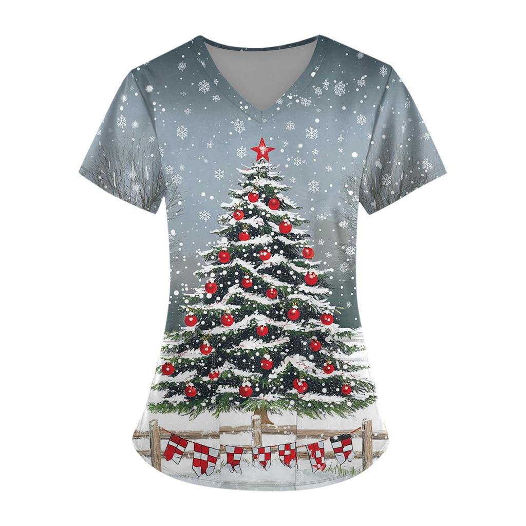 Hauts d'uniforme de travail imprimés grande taille pour femmes, col en V croisé, imprimé Halloween, manches courtes, t-shirts amusants, t-shirts de travail avec poches