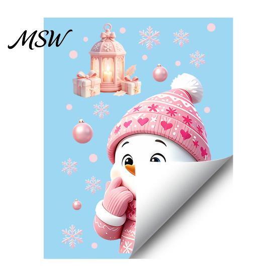 Easy Peel And Stick Decals Christmas Snowman Static Glass Stickers, Decorative Pink Decals, Waterproof PVC Festive Window Appliques Clings for