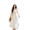 Gentle wind bubble sleeve strap square neck dress children embroidery hollow design French temperament long dress summer