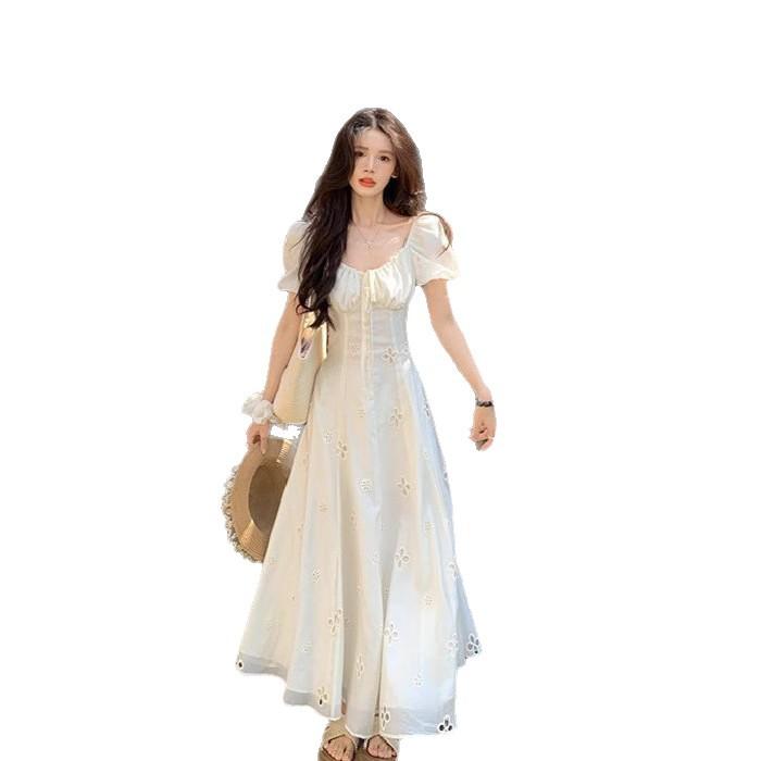 Gentle wind bubble sleeve strap square neck dress children embroidery hollow design French temperament long dress summer
