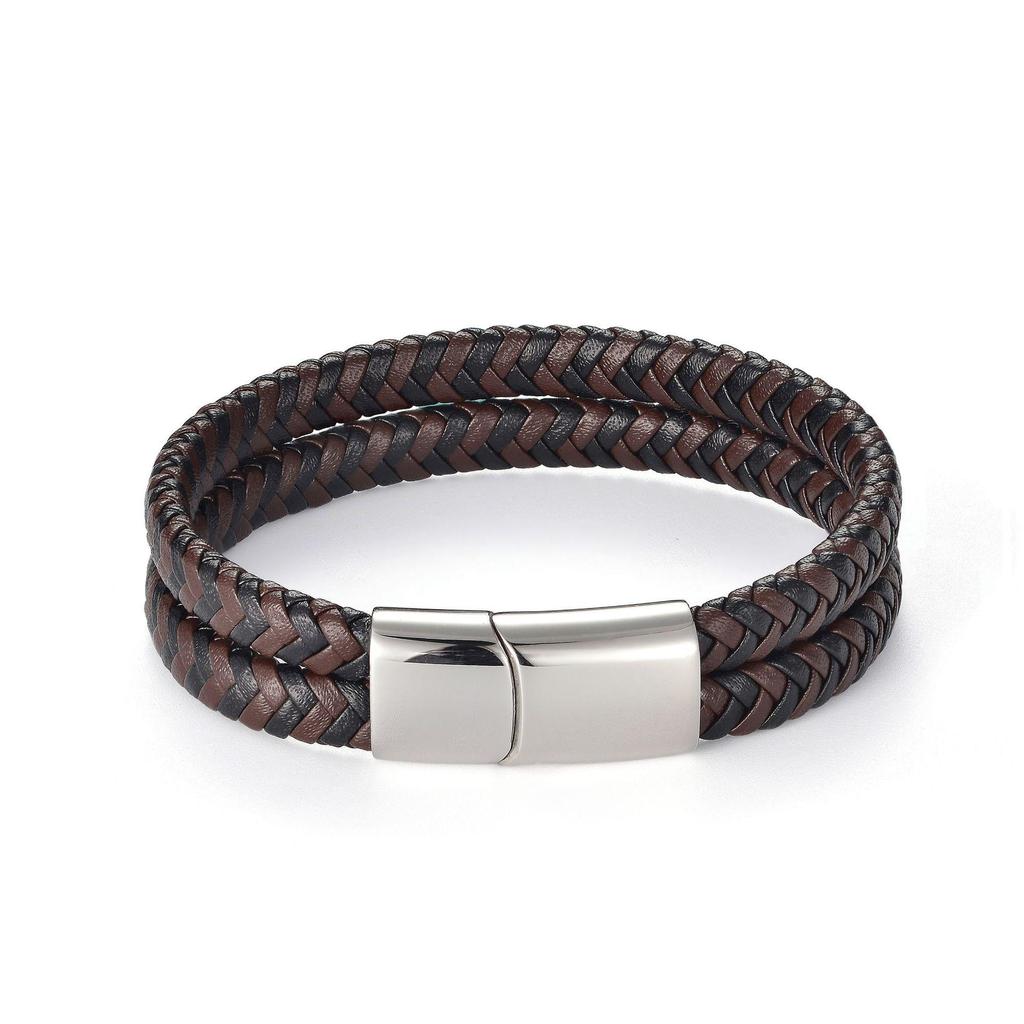 Men's Retro Woven Leather Bracelet with Stainless Steel Magnetic Clasp