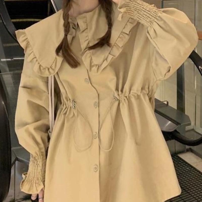 Elastic Waisted Women's Shirt Peter Pan Collar Ruffle Edge Lantern Sleeves Pleated Blouse Spring New Version Loose Female Top