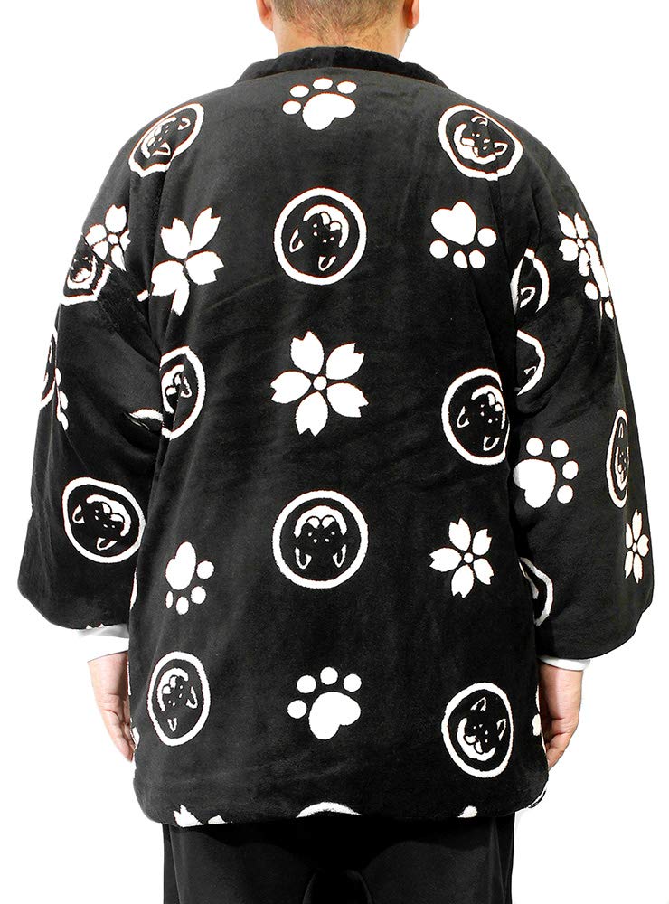 Wankodo Men's Warm Hanten Jacket, Large Size, Boa Fabric, Arabesque Print, Shiba Inu, Kyoto-Originated Mascot, Wankodo Chanchanko, Size 4L, Black