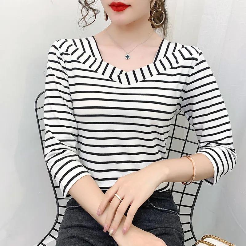 

Spring and Autumn New Korean Style Three Quarter Sleeve T-shirt Women s Striped Slim V Neck Versatile T-Shirt Bottoming Shirt M белый