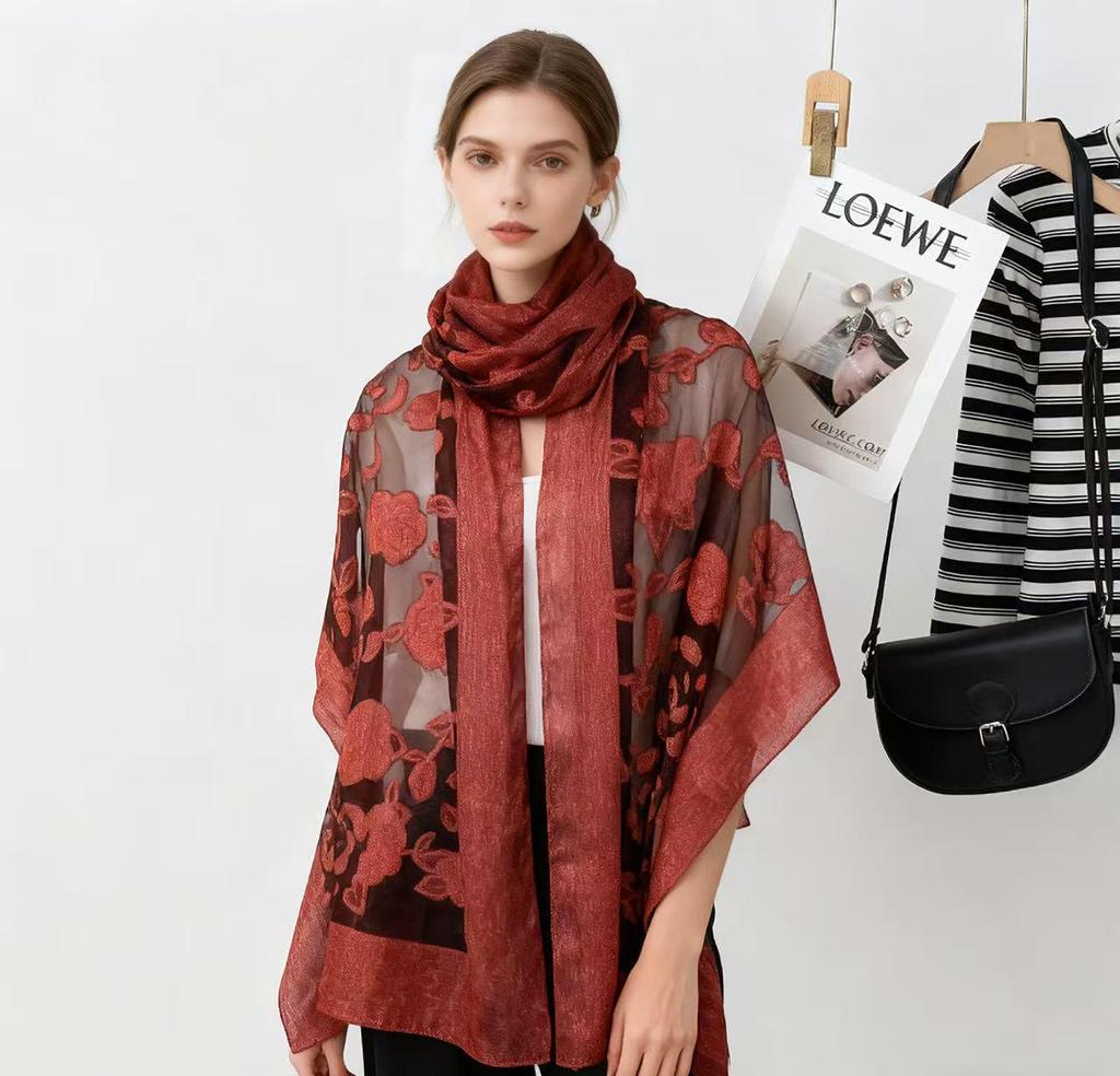 High-End Ethnischer Cut-Out Retro Floral Organza Jacquard Schal