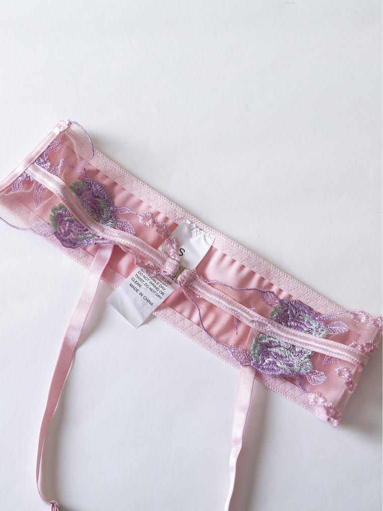 Pink Satin Embroidered Lingerie Set with Open Cup Bra, Garter, and Panty