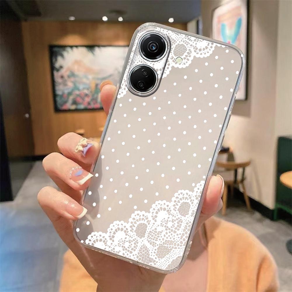 Romantic White Lace Phone Case For Xiaomi Redmi 13C 13 Note 13 12 11 10 8 Pro 10 9C 9A 10C 12C Flower Clear Transparent Cover
