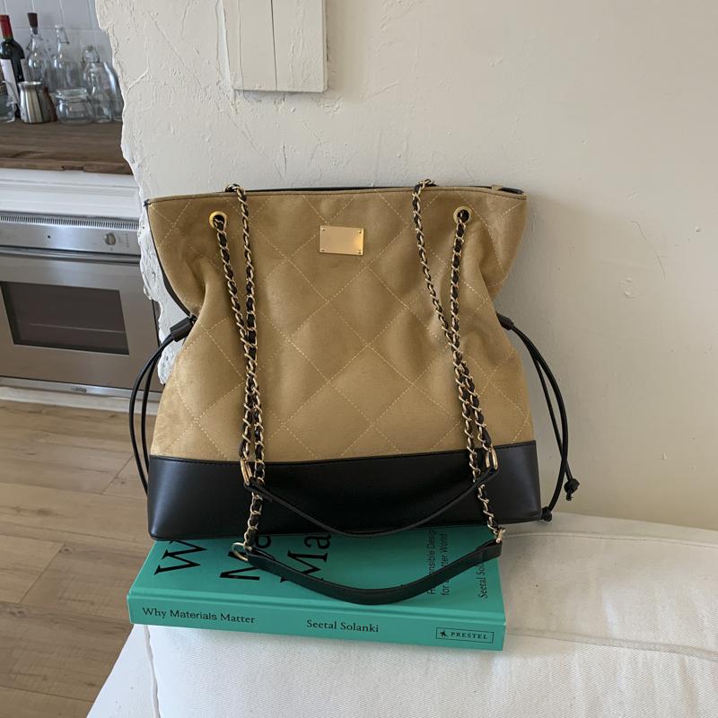 Lingge Chain Bag Vintage Bucket Bag Women's Stitching Shoulder Bag Commuter Crossbody Bag