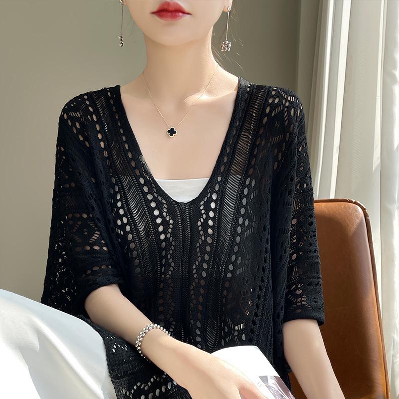 Spring/Summer V-Neck Loose Knit Cardigan with Sun Protection.