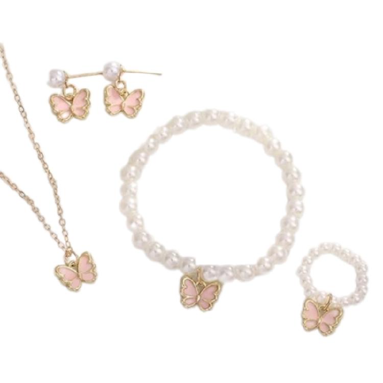 4pcs Jewelry Set with Butterfly Pendant Girls  Fashionable Butterfly Pendant Necklace and Imitation Pearls Earrings Set 1