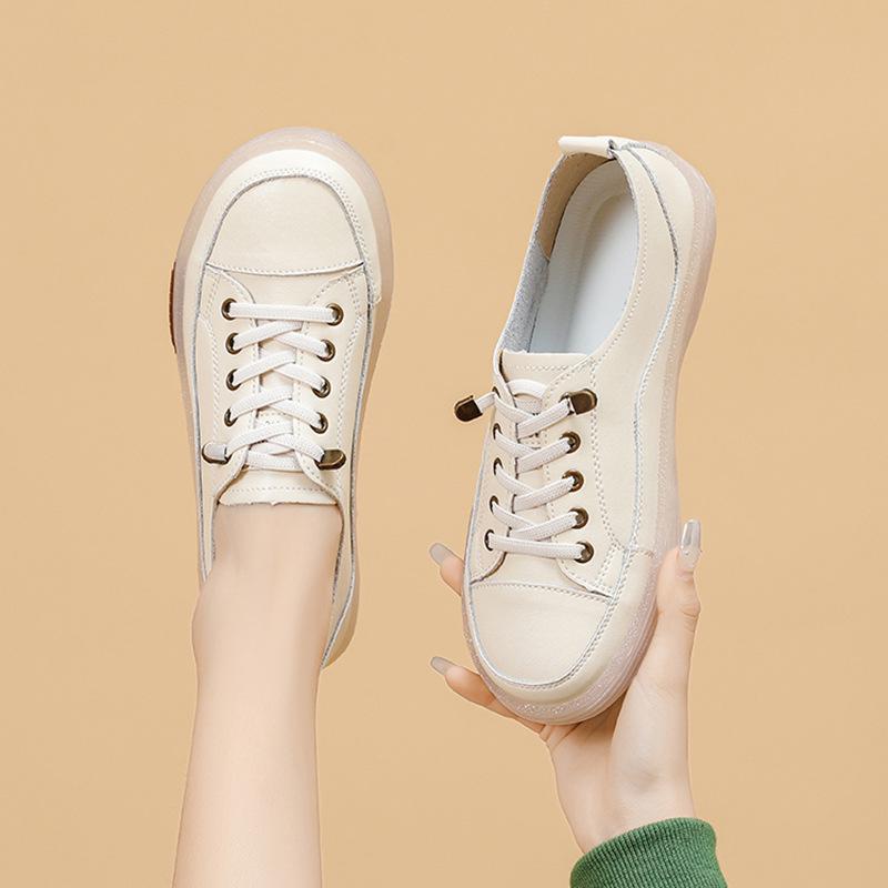 Cowhide White Shoes for Women In Summer for Women Breathable Shallow Mouth Korean Style Soft Sole Versatile Single Shoes Flat Shoes