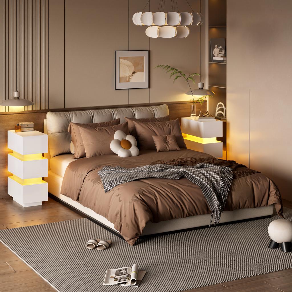 Narrow Nightstand with Outlet & LED Lighting – 3 Drawers, Set of 2, Plenty of Storage Space for Bedroom & Living Room, White, 20x40x59.5 cm