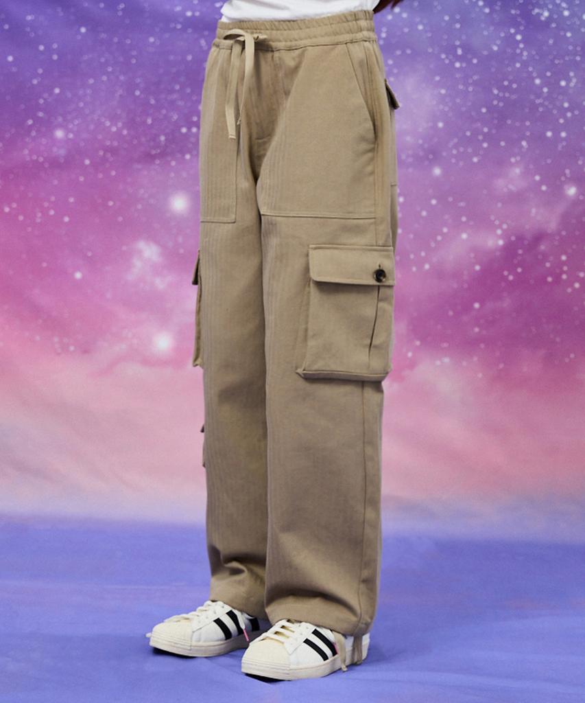 WAIKEI Multi-Pocket Cotton Cargo Elastic Waist Pants Beige