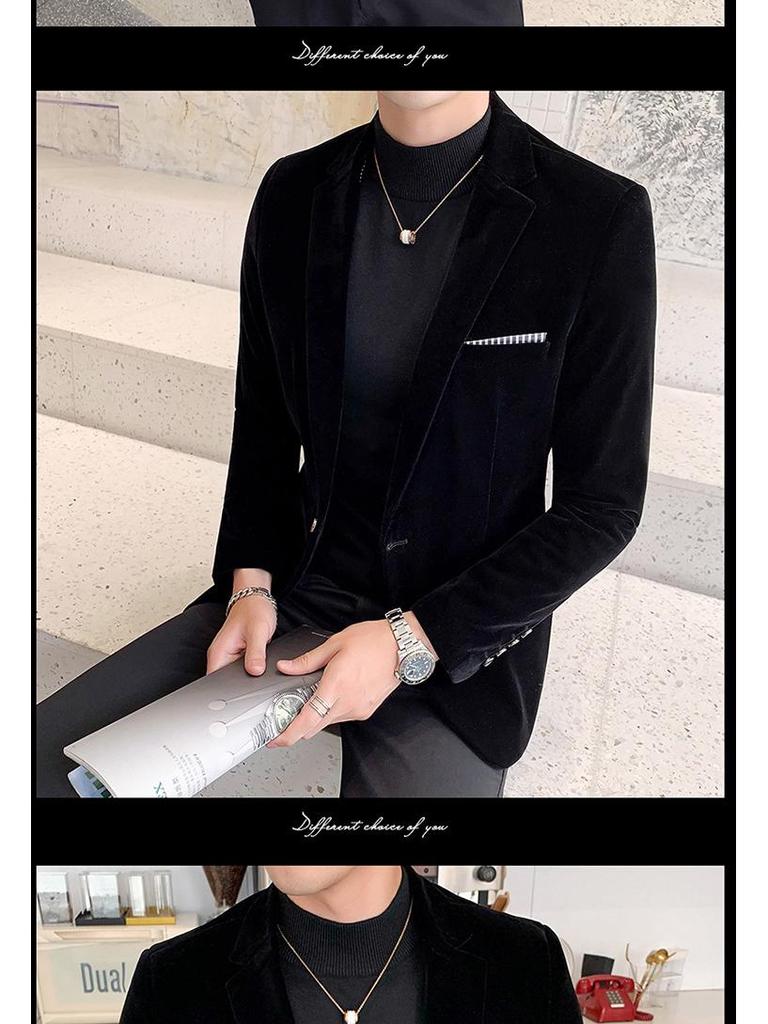 Blazer de Terciopelo Casual de Otoño para Hombre: Estilo Peluquería de Caballero Monocruzado