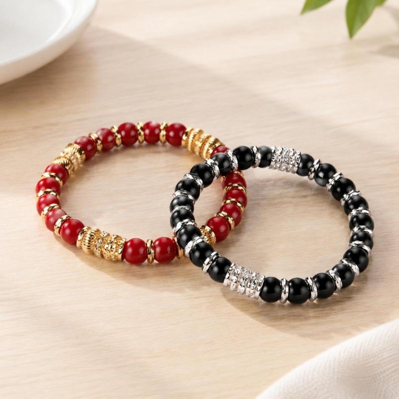 Natural Stone Stretch Bracelet Set, 2 Round Bead Bracelets with Mixed-Tone Spacers for Stacked or Separate Wear