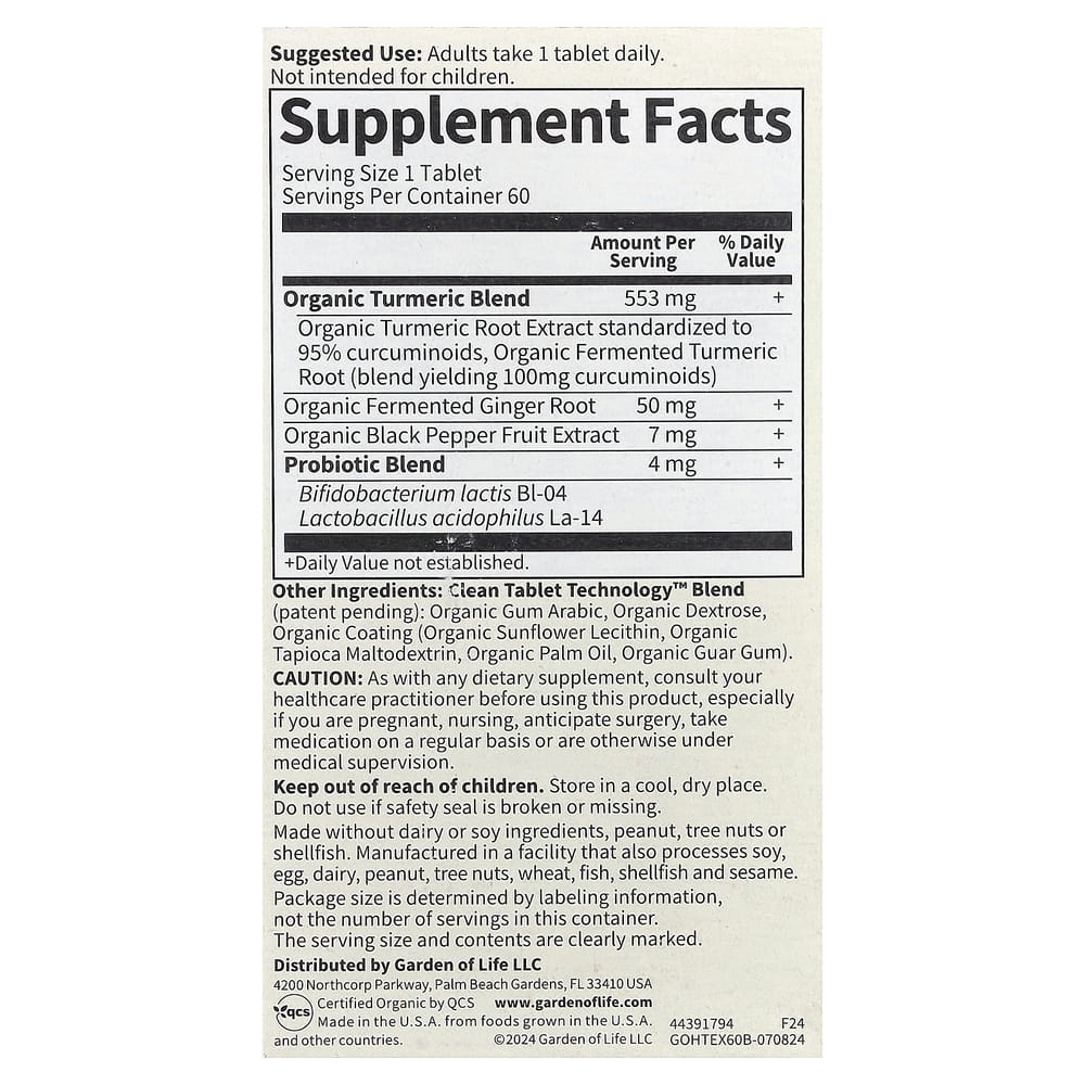 Garden of Life Organics Extra Strength Turmeric Vegan Tablets, 60 Count