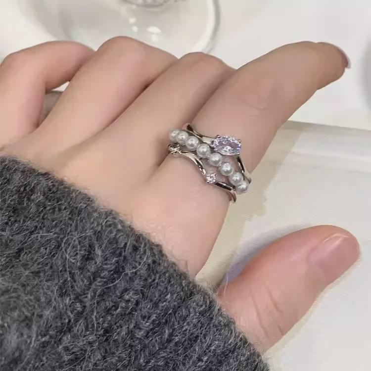 Anel de Pérola Zircônia Multicamadas Luxuoso: Design Trendy e Único para Dedo Indicador para Mulheres