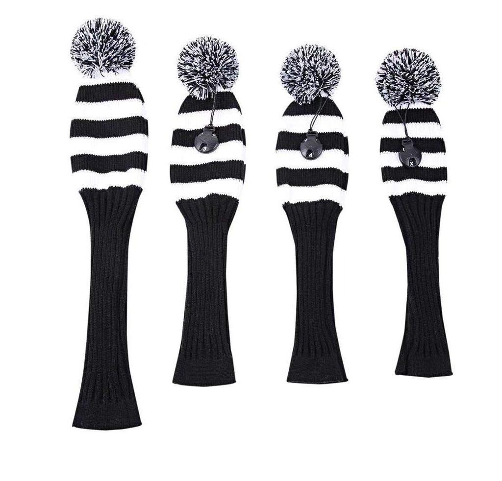 Golf Headcover Set 2 Fairway with Knitted Pendant and 4-Piece (Driver/Wood, Woods, Hybrid/UT) (Black White)